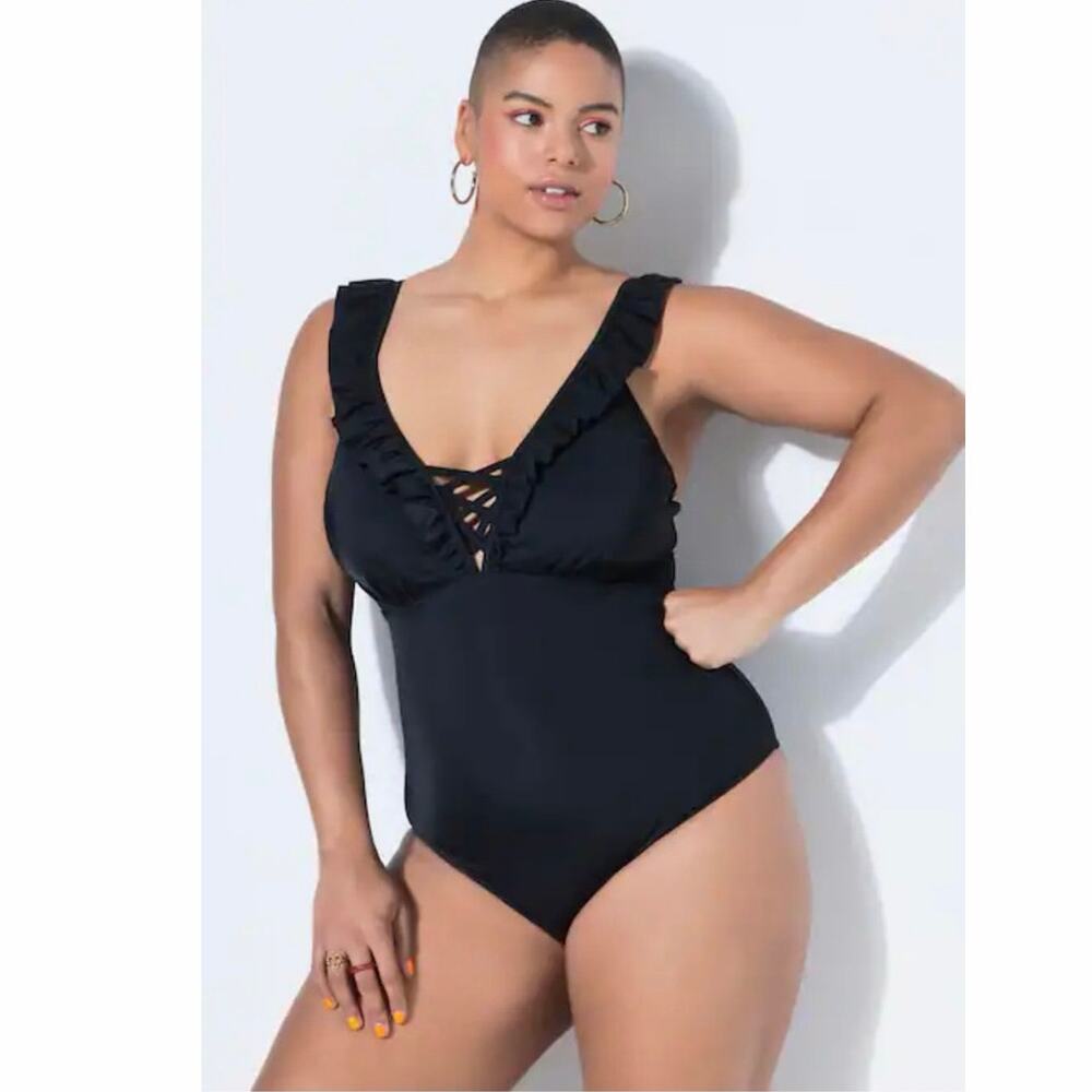 Ulla Popken Black Plus Size 14 Cross-Front Ruffle Swimsuit